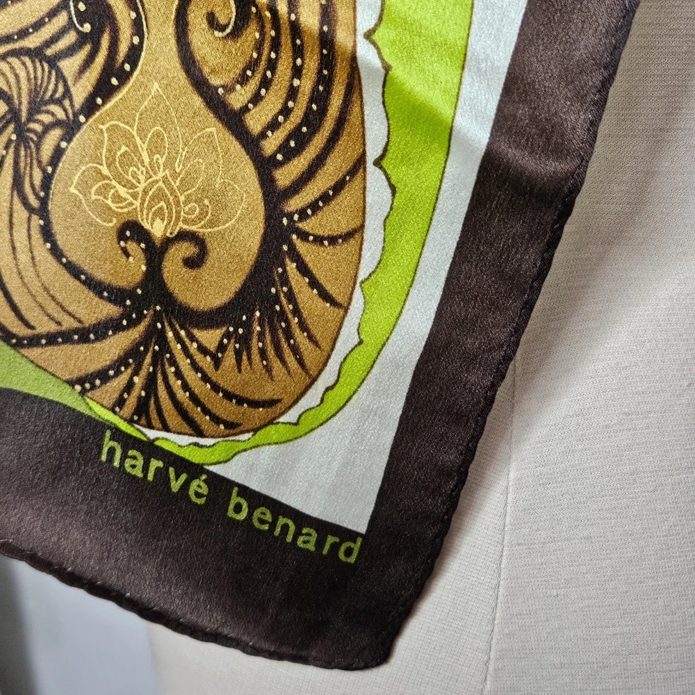 VTG Harve Benard Silk Scarf Green Brown‎ Abstract Floral Paisley Lightweight